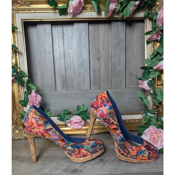 FIONI Clothing Shoes - Fioni Multicolor Floral Cork Stiletto Pump Round Toe Slip On Women's US 9